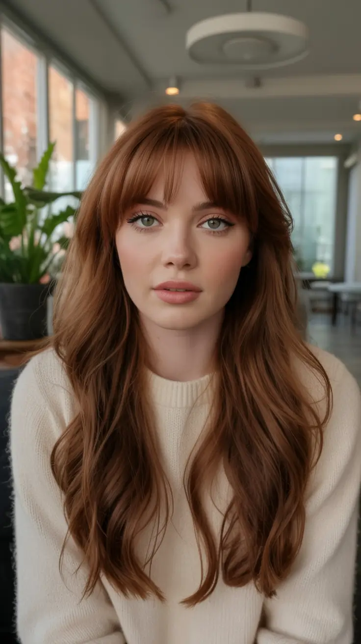 winter haircuts for round faces Soft Auburn with Front Bangs