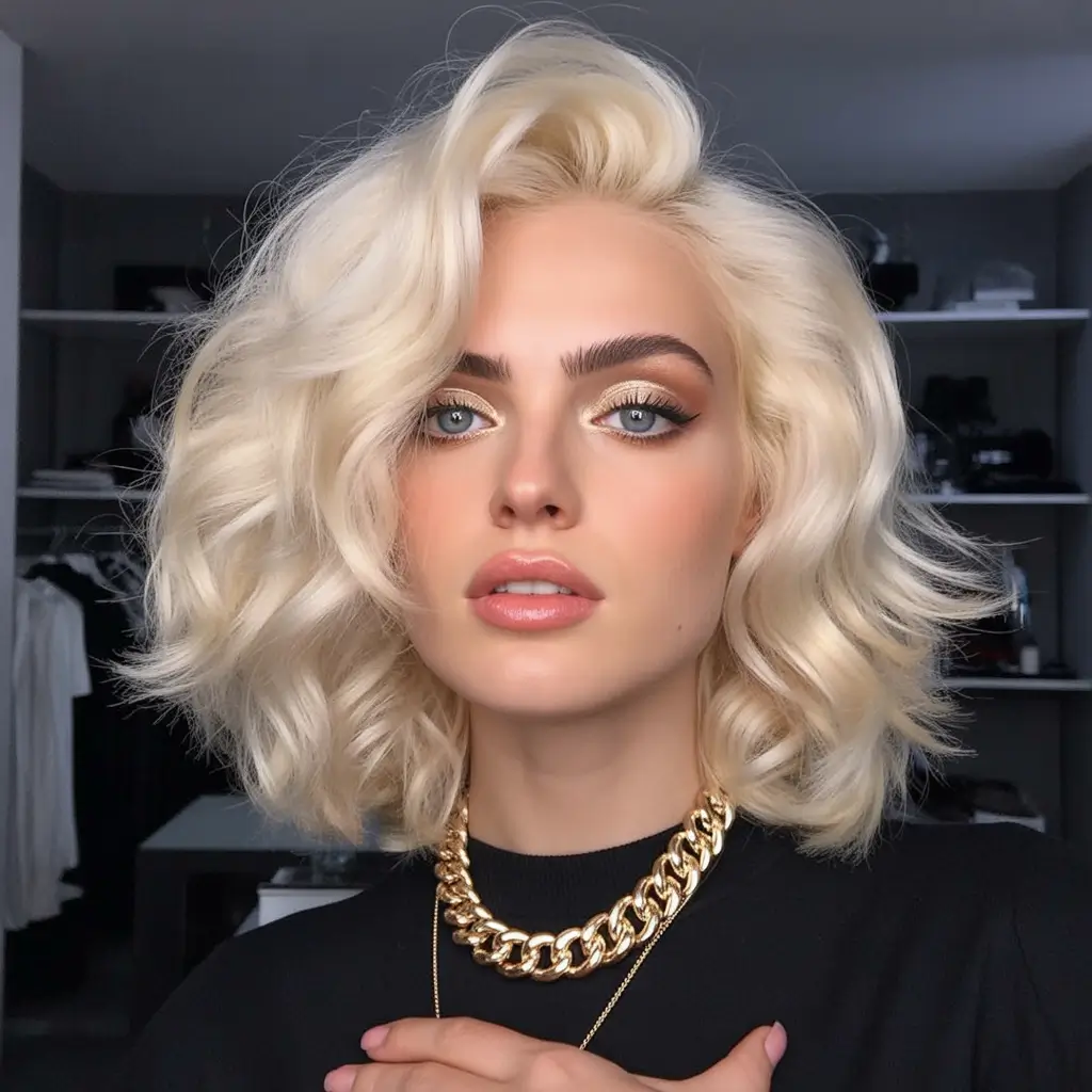 winter haircuts for round faces Platinum Hollywood Waves