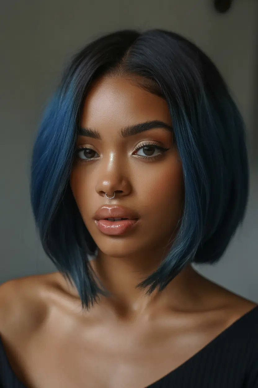 winter haircuts for round faces Blue-Toned Sleek Bob