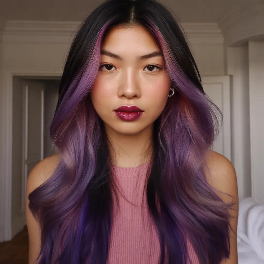 winter haircuts for round faces Lavender Ombre with Butterfly Layers