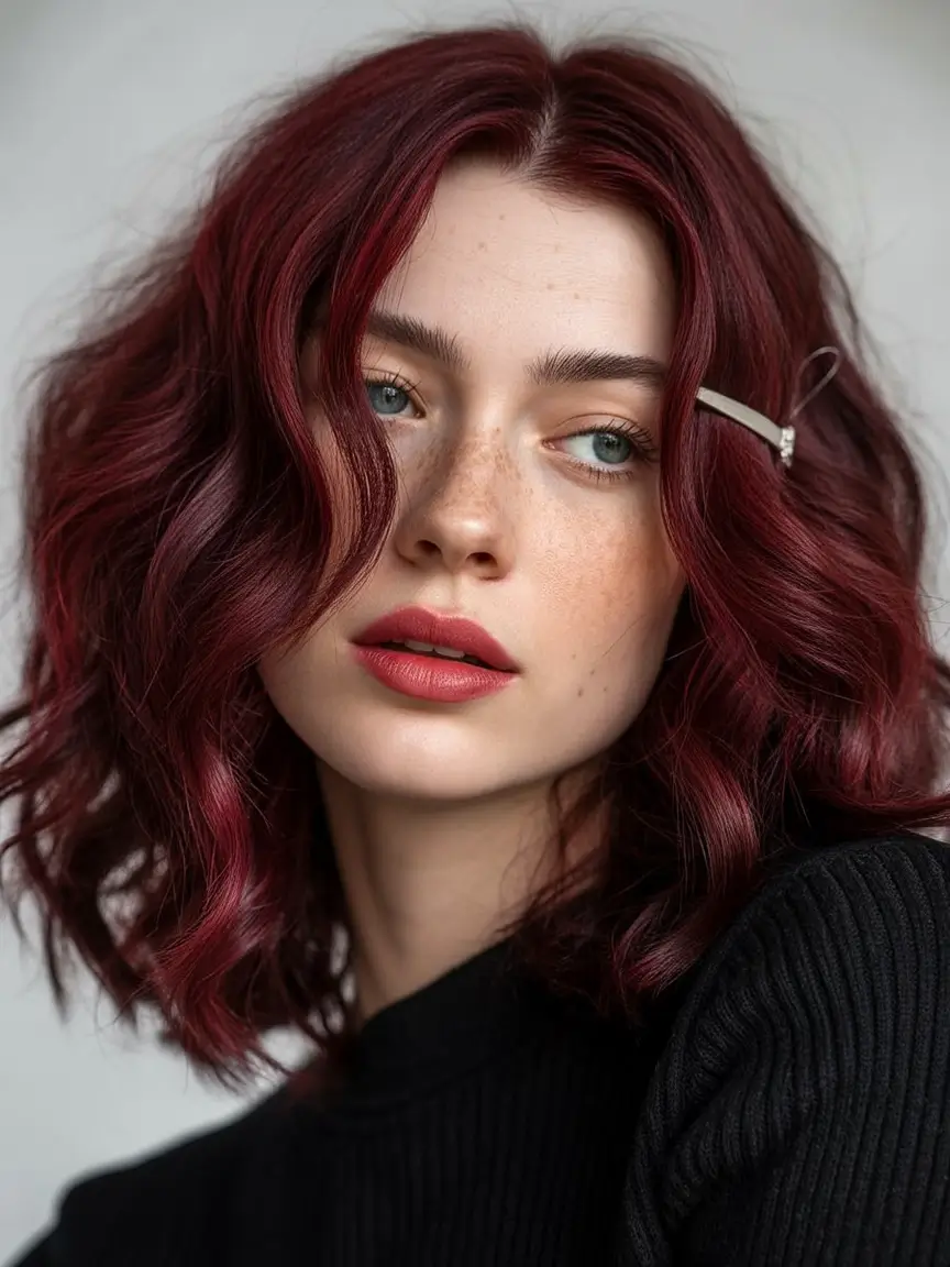 winter haircuts for round faces Crimson Mid-Length Wavy Bob