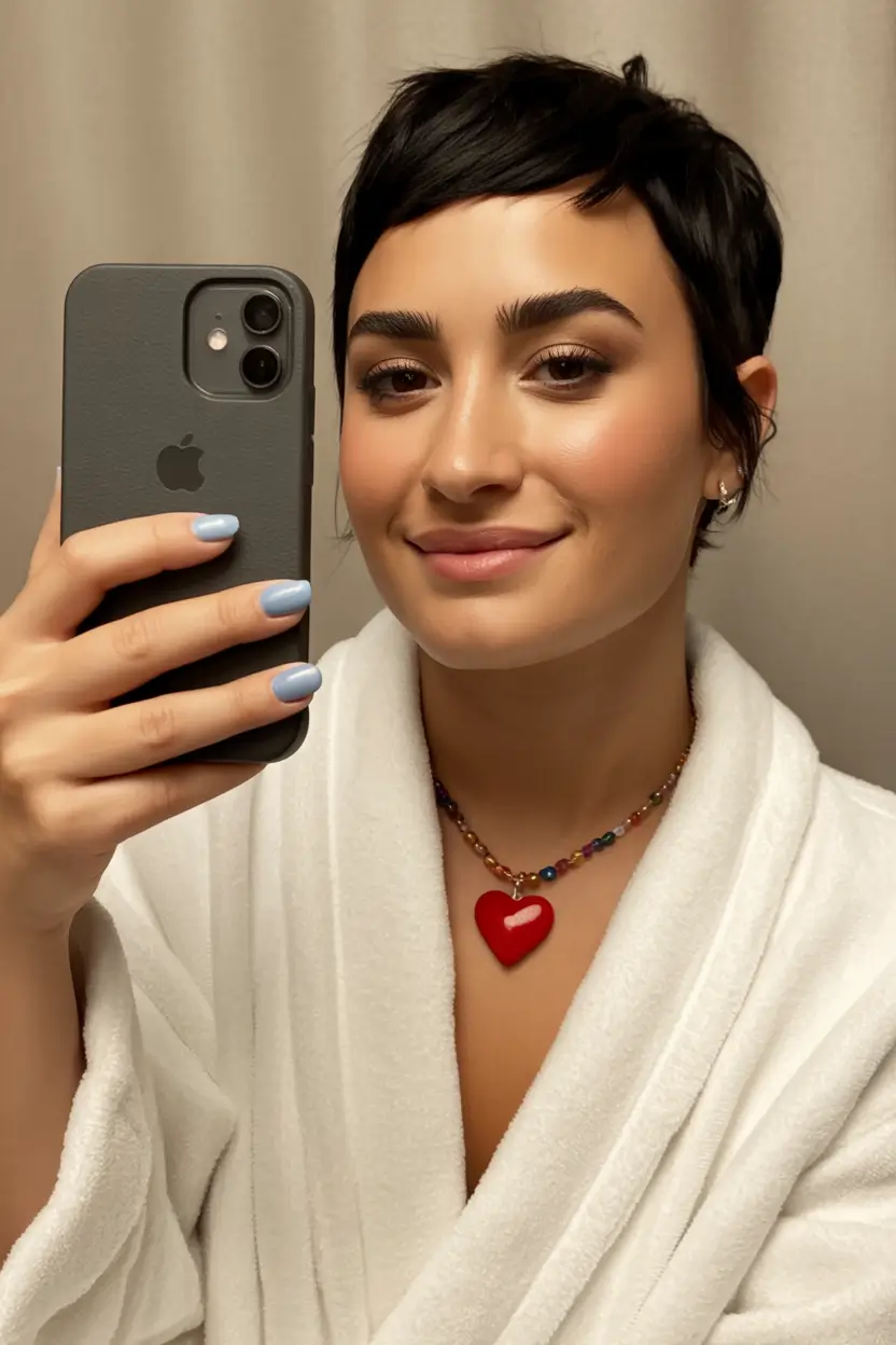 winter haircuts for round faces Glossy Jet-Black Pixie