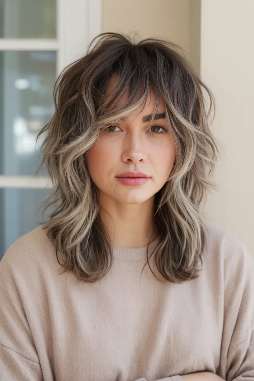 winter haircuts for round faces Ashy Mid-Length Shag with Curtain Bangs