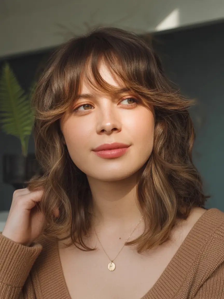 winter haircuts for round faces Soft Chocolate Shag with Light Bangs