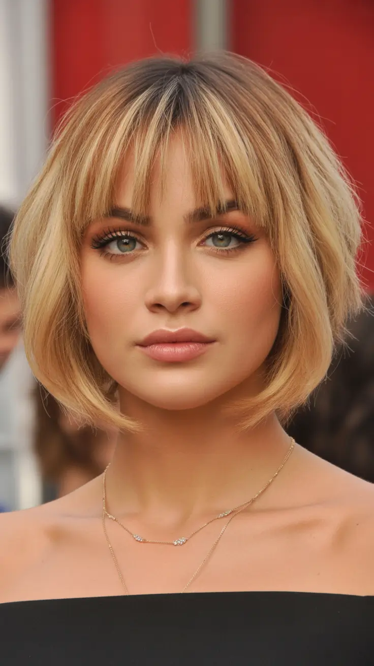 winter haircuts for round faces Golden French Bob with Bangs