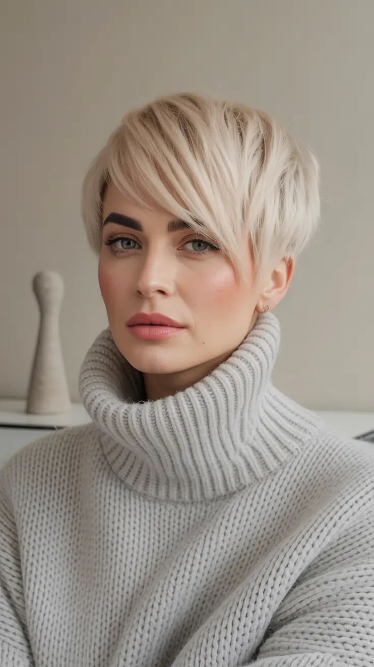 winter haircuts for round faces Soft Platinum Layered Pixie