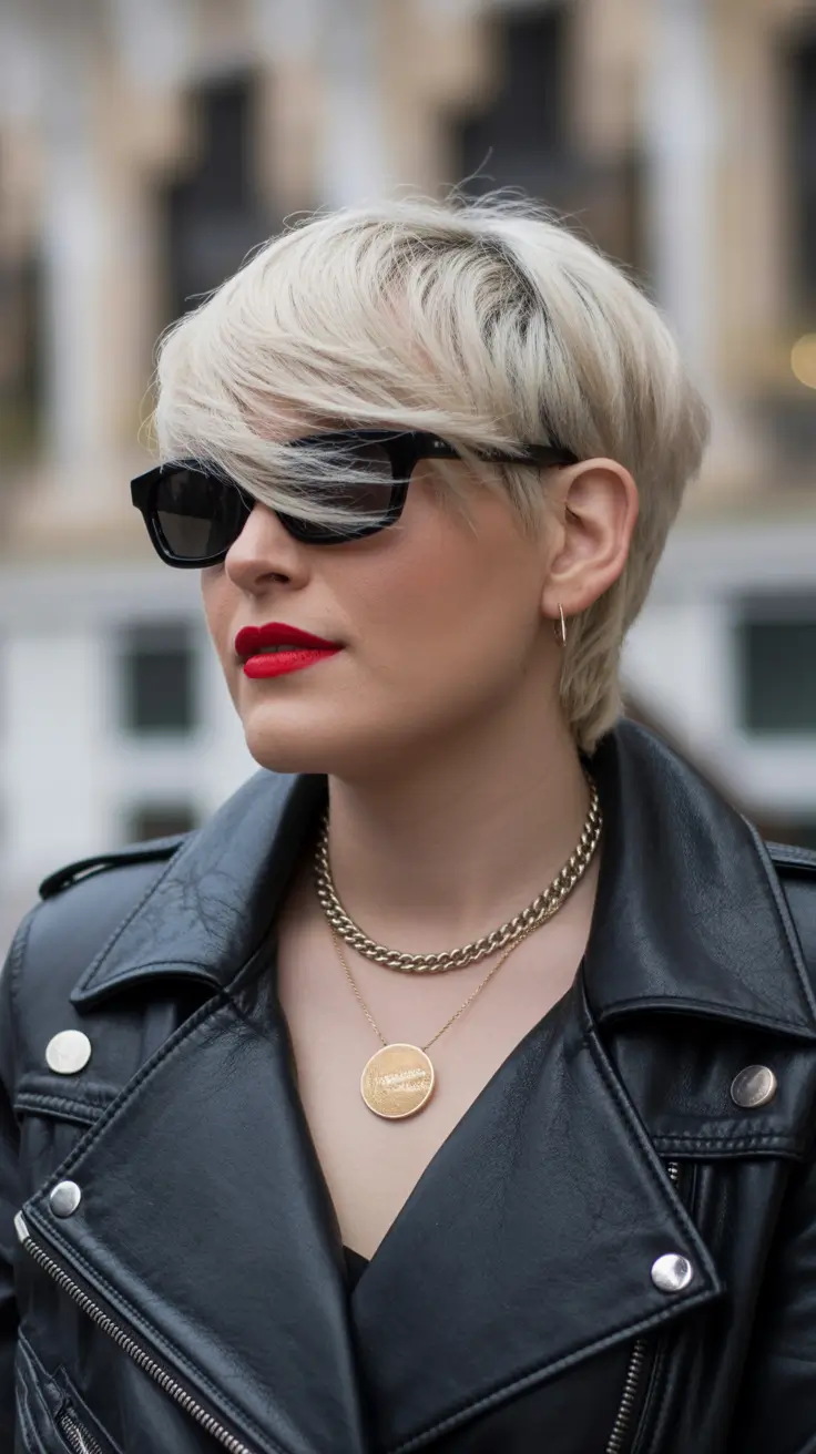 winter haircuts for round faces Side-Swept Rock Chic Pixie