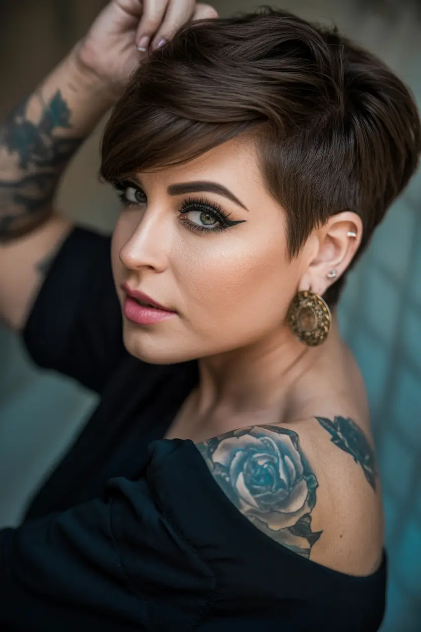 winter haircuts for round faces Warm Brunette Pixie with Volume