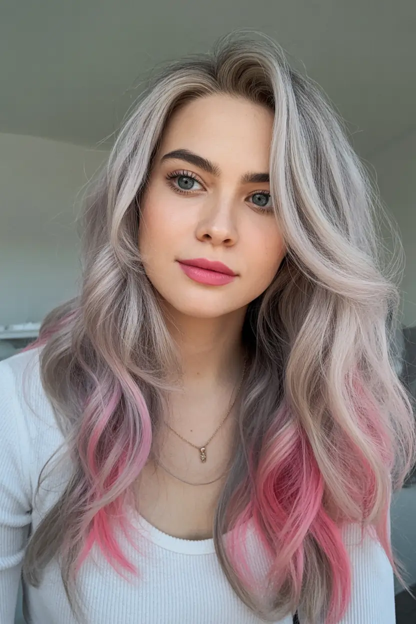 winter hair colors for blondes Silver Blonde with Pink Tips