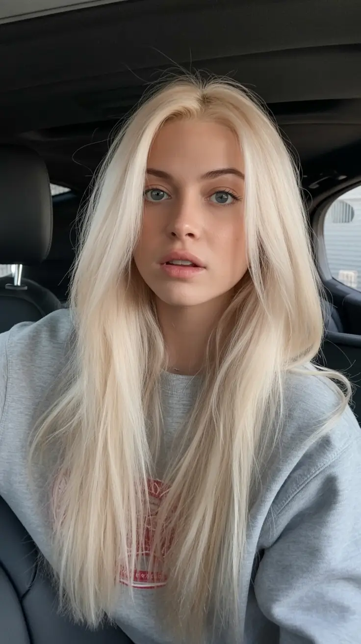 winter hair colors for blondes Sleek Snow Blonde Lengths