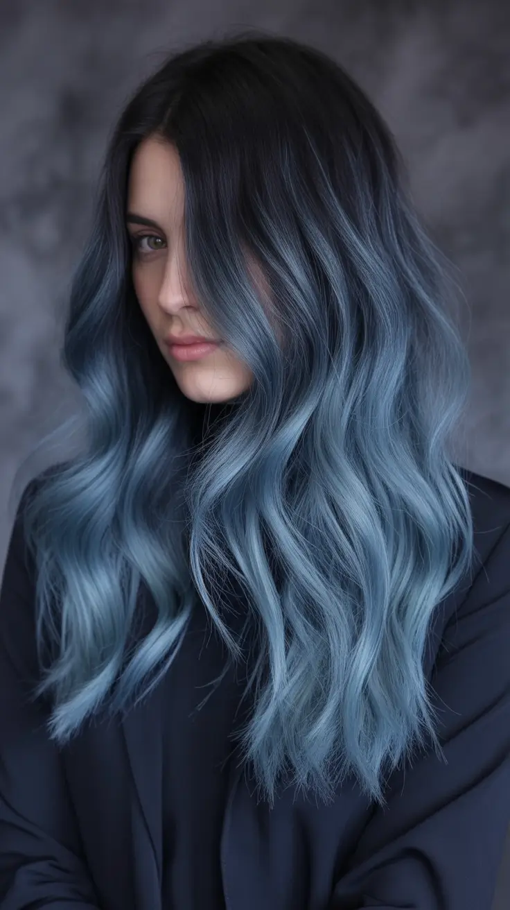 winter hair colors balayage Steel Blue Balayage with Midnight Roots