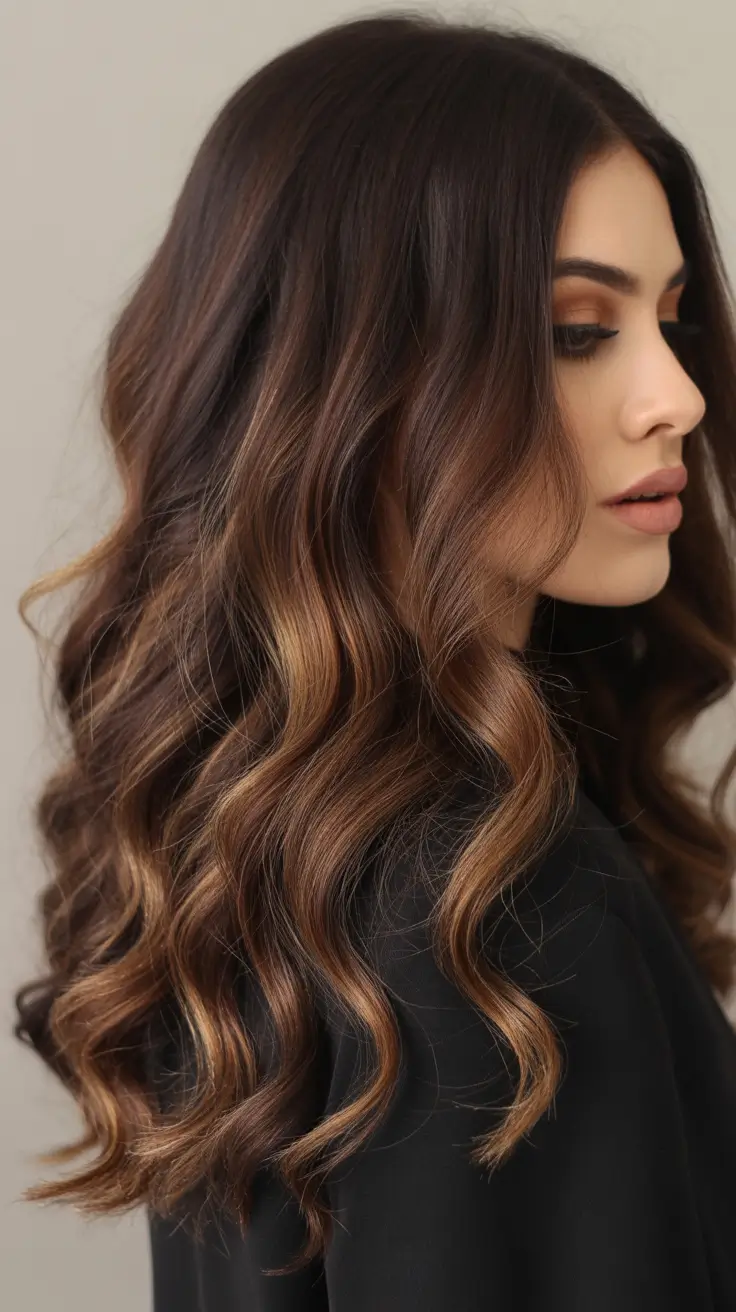 winter hair colors balayage Espresso Brown Balayage with Mocha Ribbons