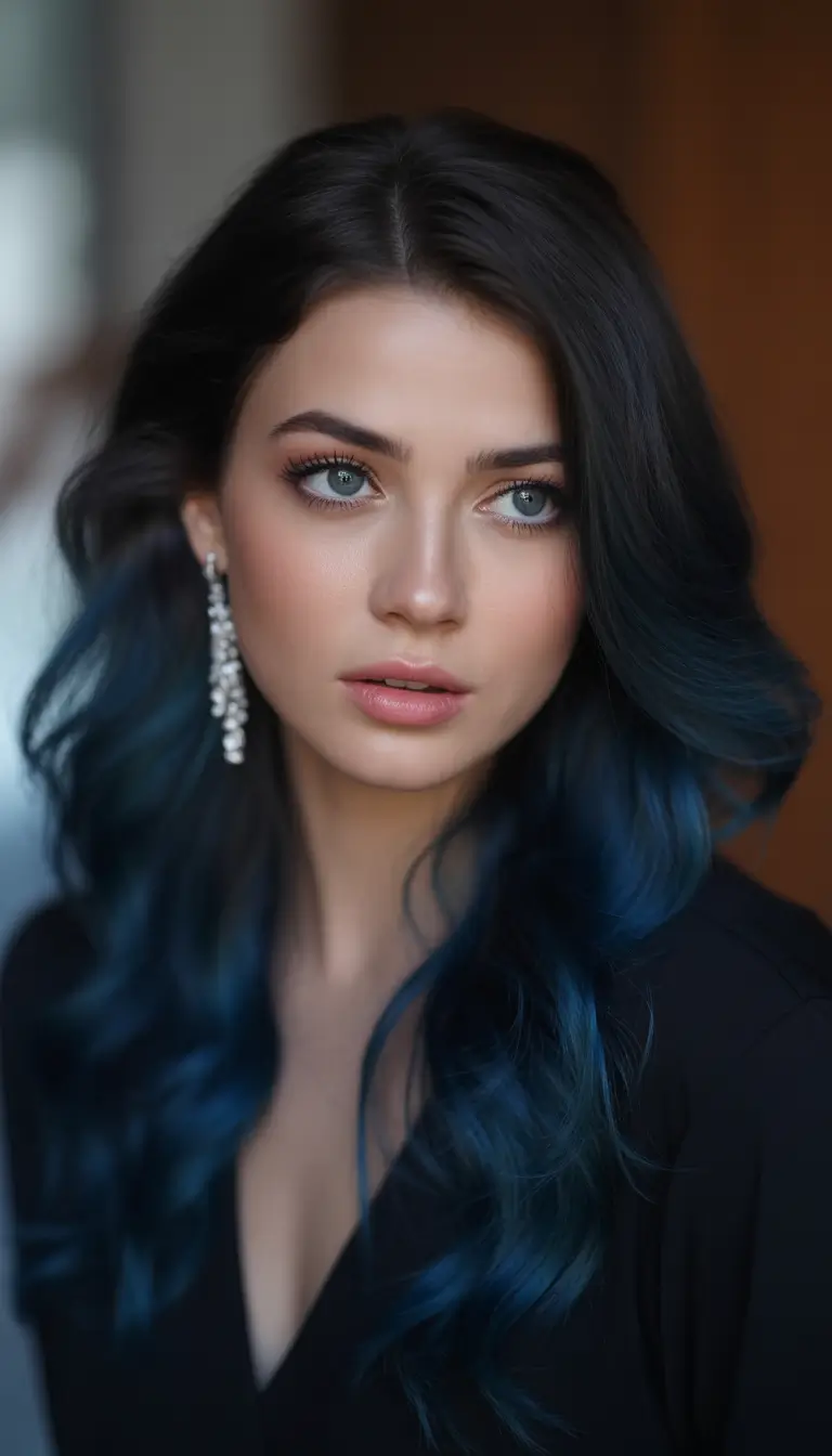 winter hair colors balayage Dark Blue Dip Balayage for Long Hair