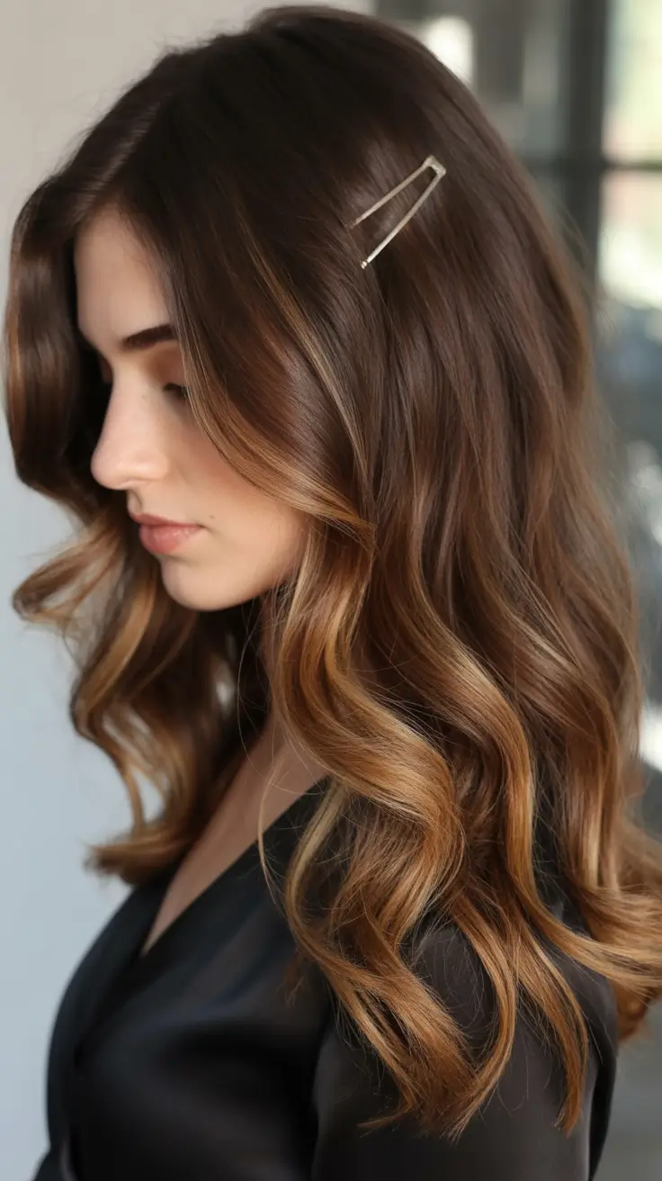 winter hair colors balayage Chestnut Waves with Caramel Lights