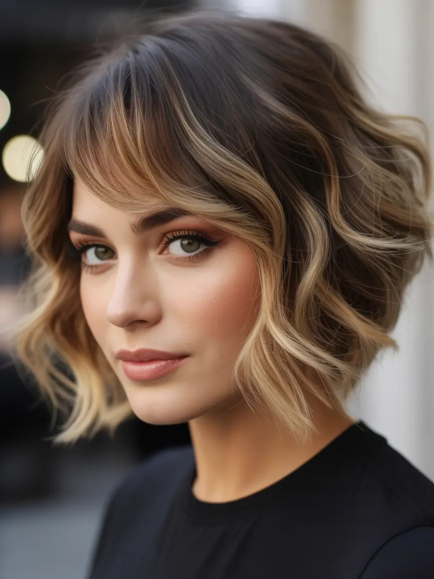 Soft Balayage Bob with Wispy Bangs winter bob haircuts 2025 2026 trends styles