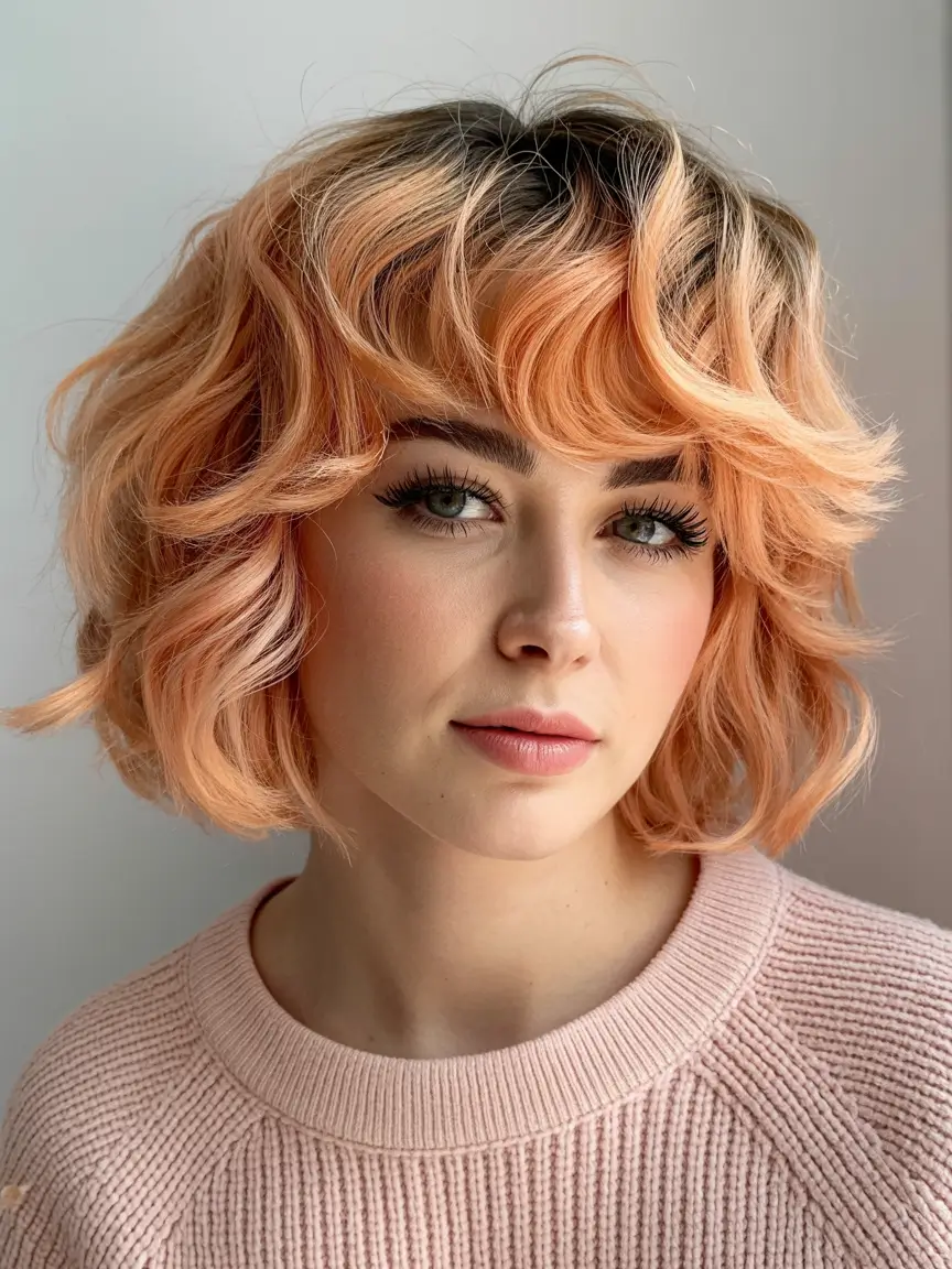 Peachy Curly Bob with Bangs winter bob haircuts 2025 2026 trends styles