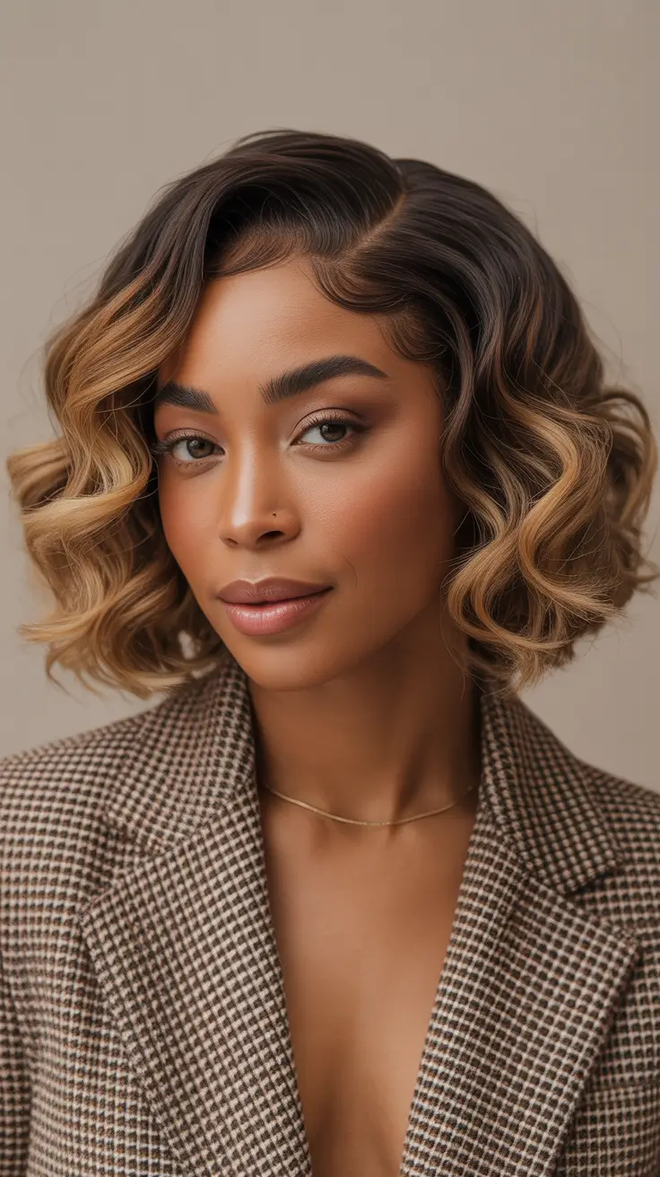 Golden Wavy Bob with Side Part winter bob haircuts 2025 2026 trends styles