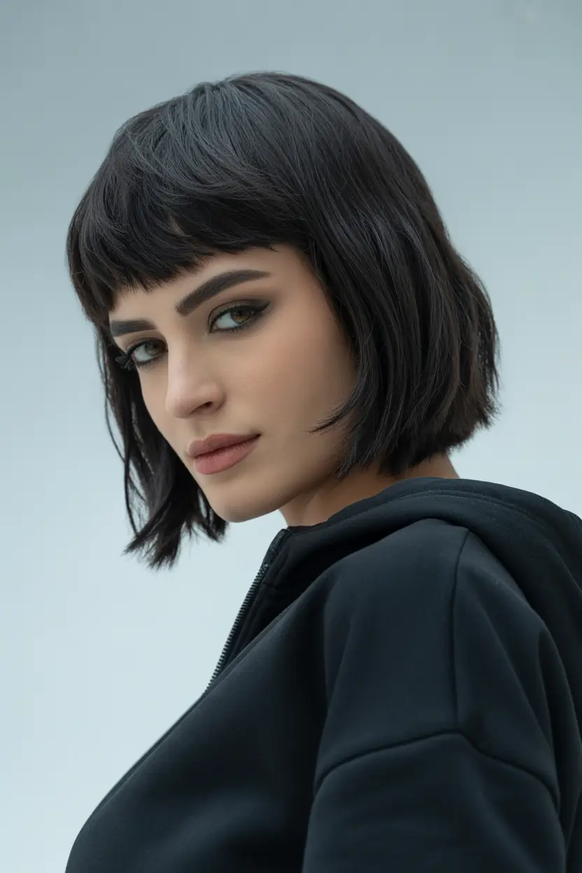 Dark Bob with Micro Bangs winter bob haircuts 2025 2026 trends styles
