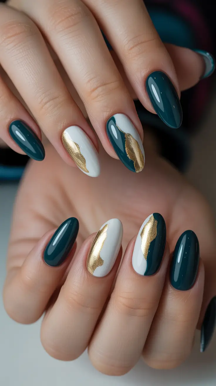 winter color nails Emerald Elegance with Golden Touch