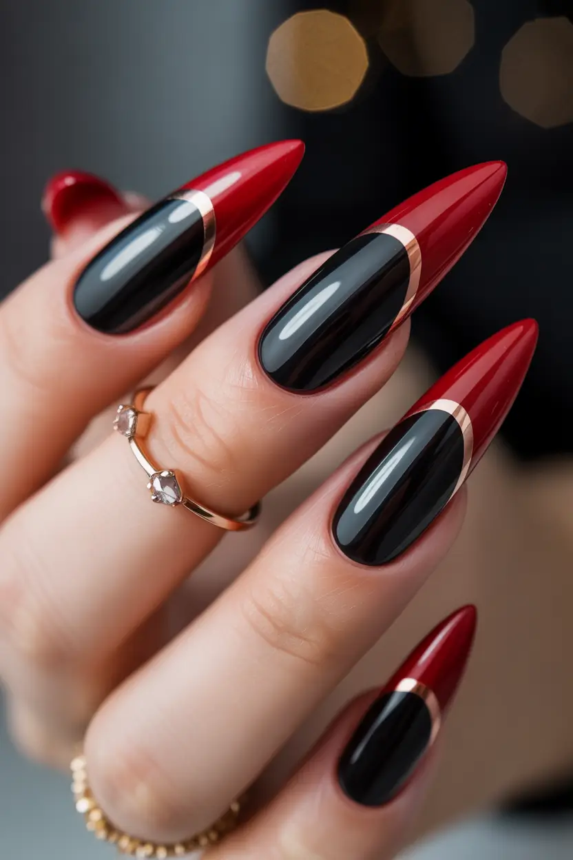 winter french tip nails 2025 velvet red and black french drama