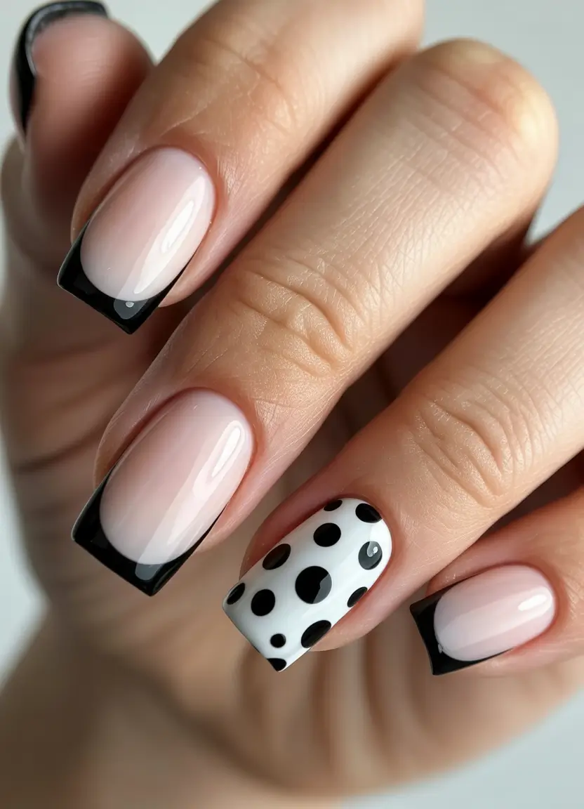 winter french tip nails 2025 monochrome polka french