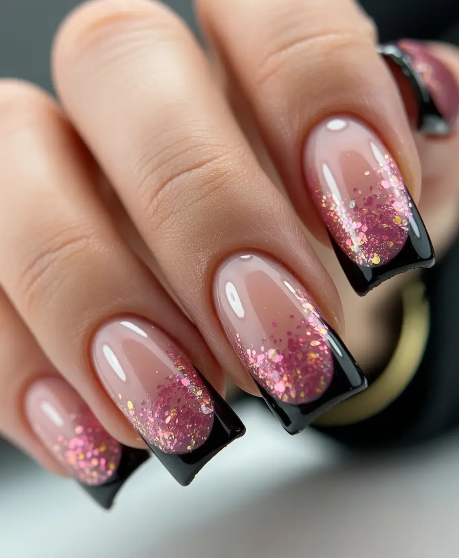 winter french tip nails 2025 black cherry glitter french