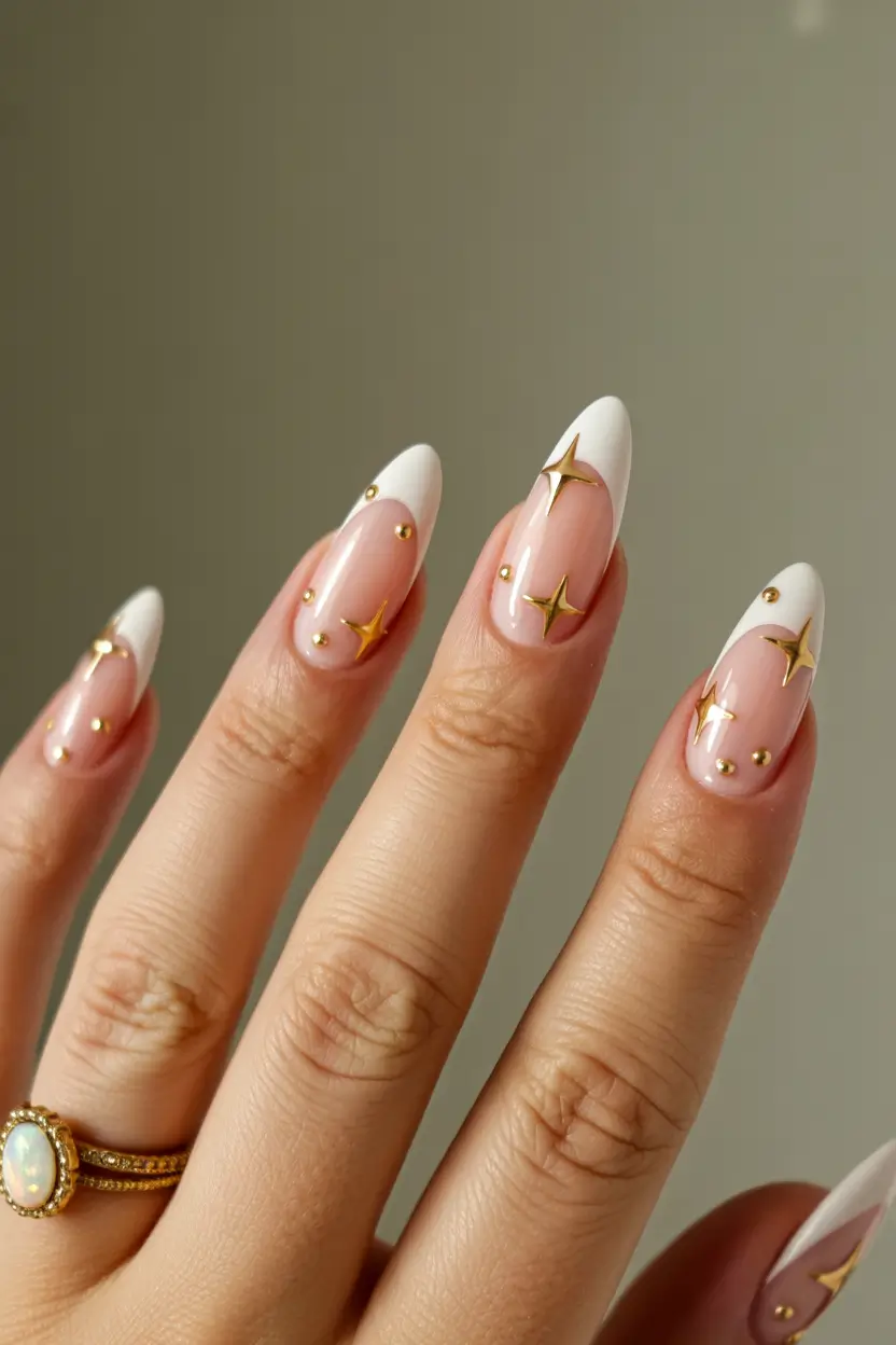 winter french tip nails 2025 golden star french
