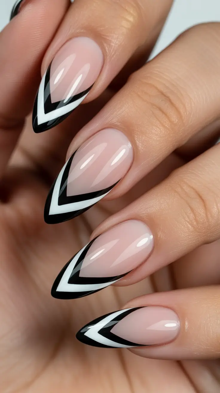 winter french tip nails 2025 monochrome chevron french