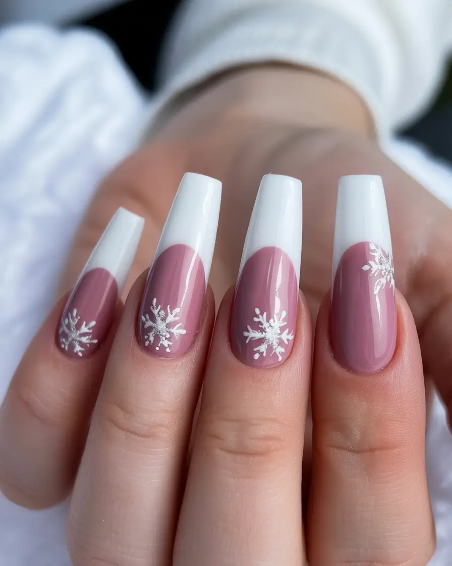 winter french tip nails 2025 snowflake mauve french