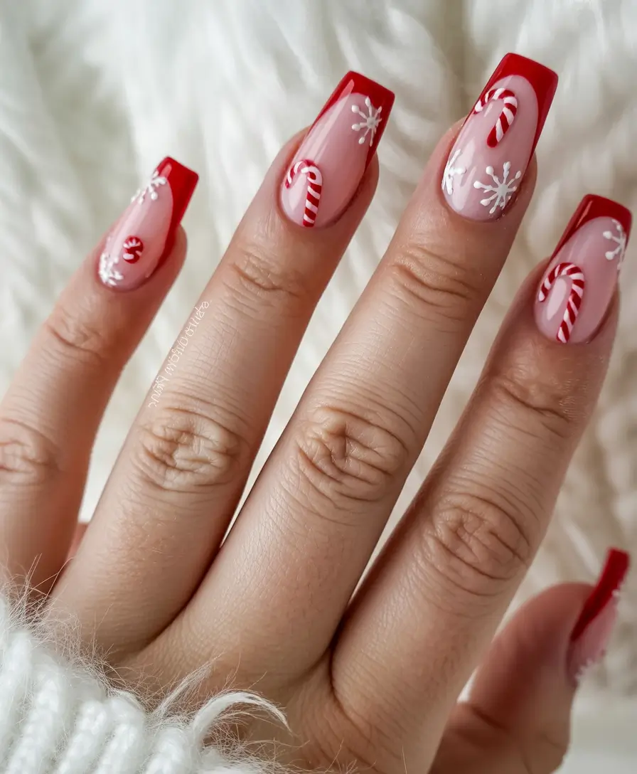 winter french tip nails 2025 candy cane french
