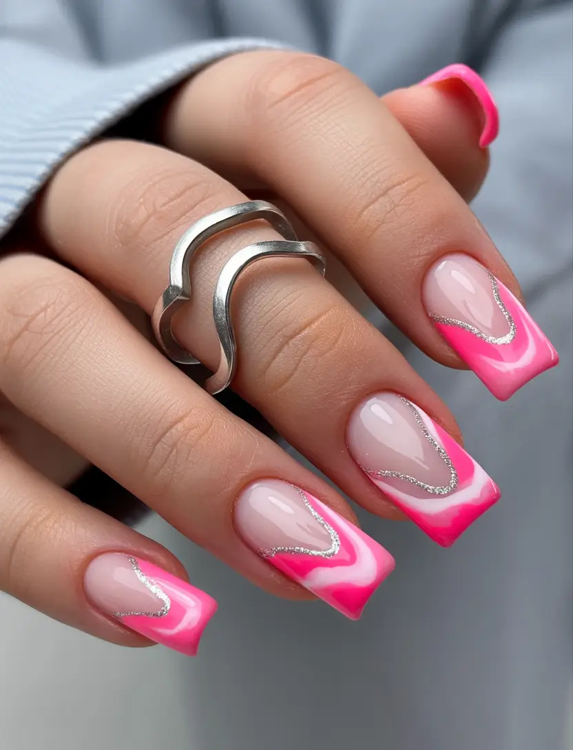 winter french tip nails 2025 pink marble french