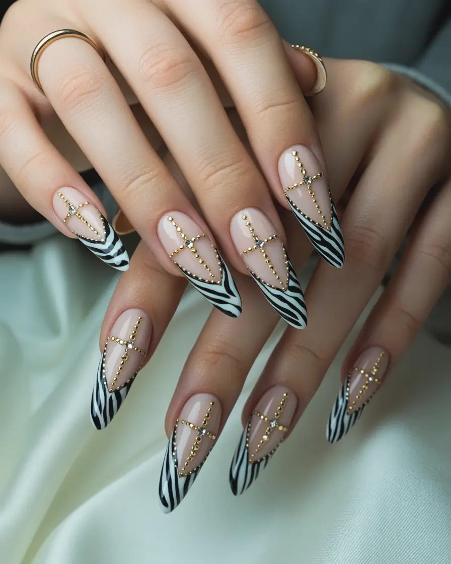 winter french tip nails 2025 golden zebra french