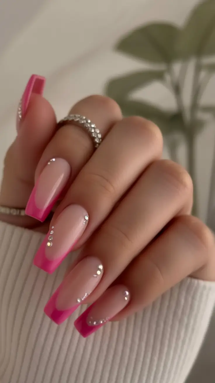 winter french tip nails 2025 pink crystal french