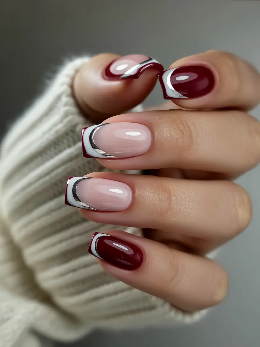 winter french tip nails 2025 wine toned metal french