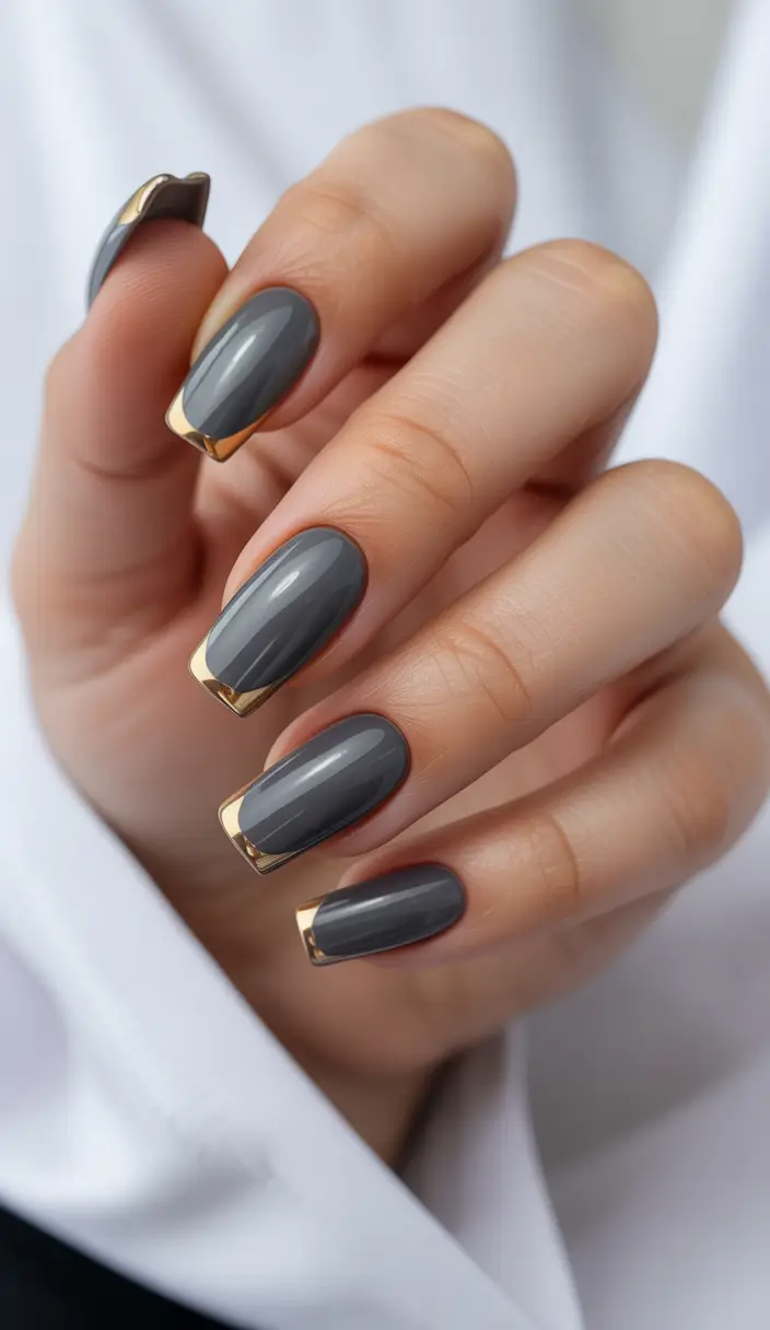 winter french tip nails 2025 charcoal and gold power french