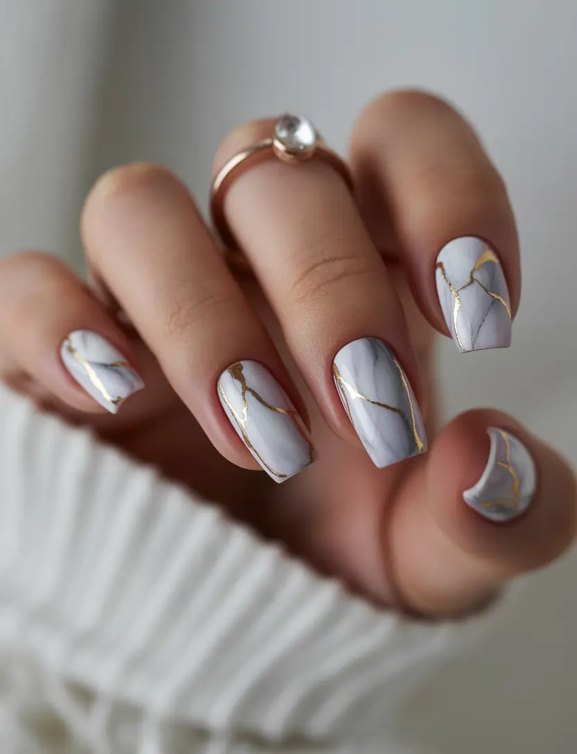 winter gel nails Marble White Luxe