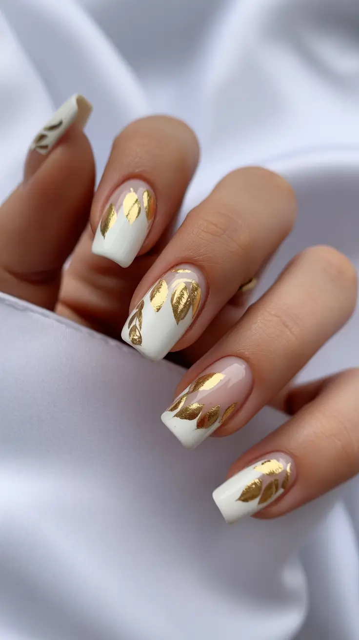winter gel nails Golden Frost Leaves