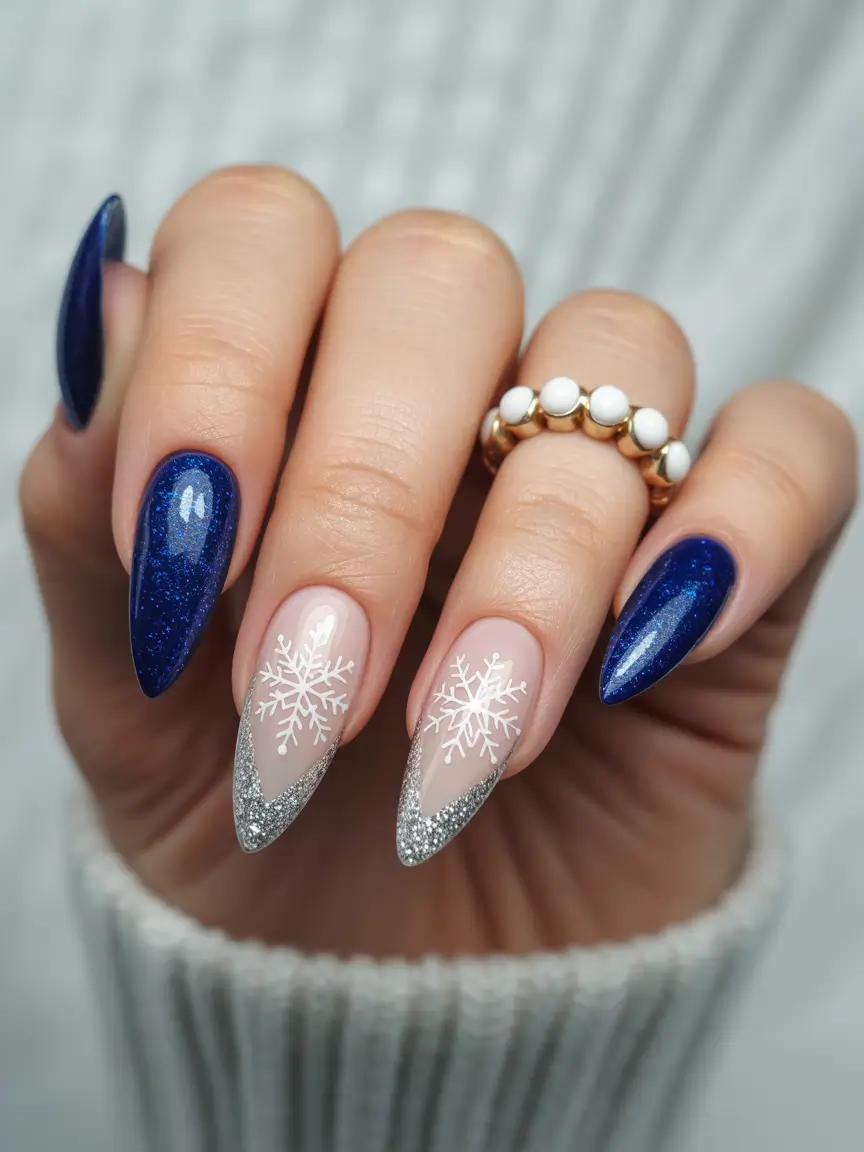 winter gel nails Midnight Snowflakes