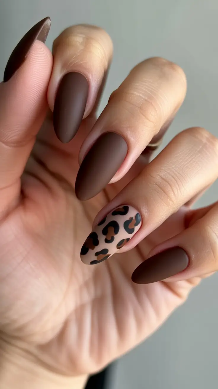 winter gel nails Matte Mocha Leopard