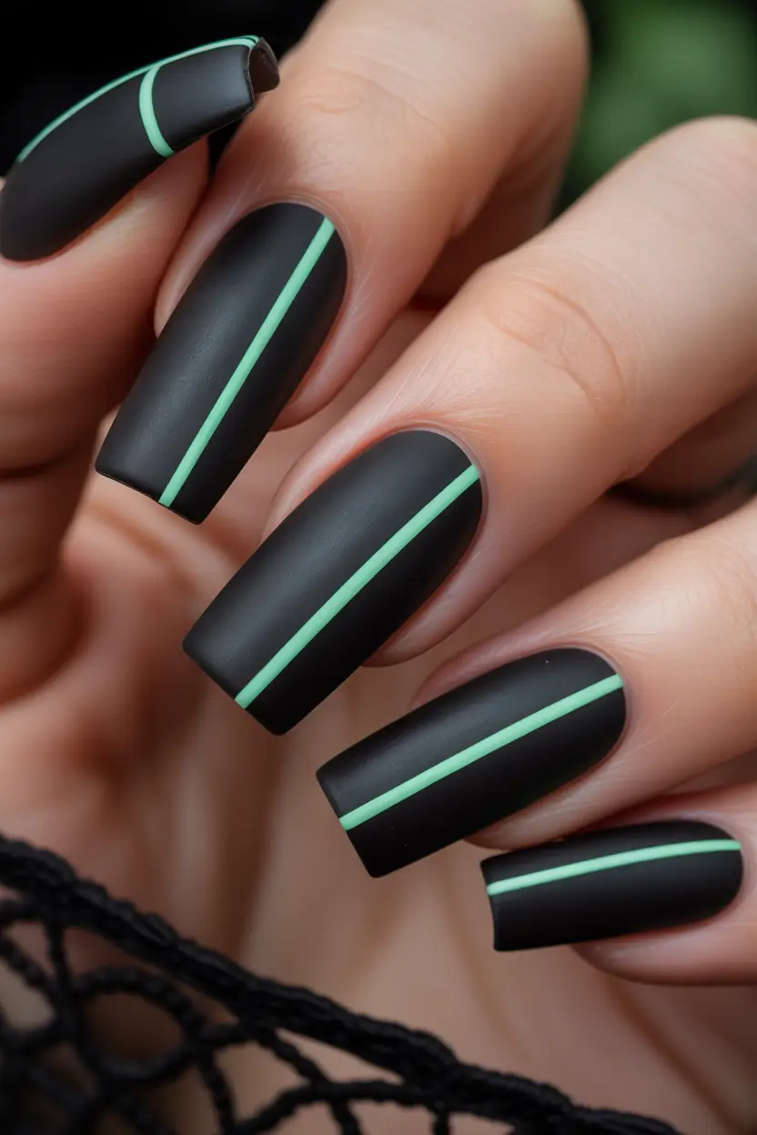 winter gel nails Matte Black and Mint Lines