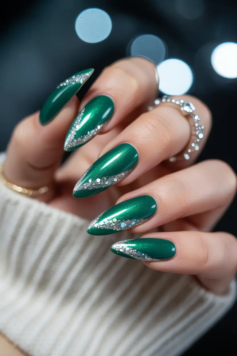 winter gel nails Emerald Shine with Silver Accents