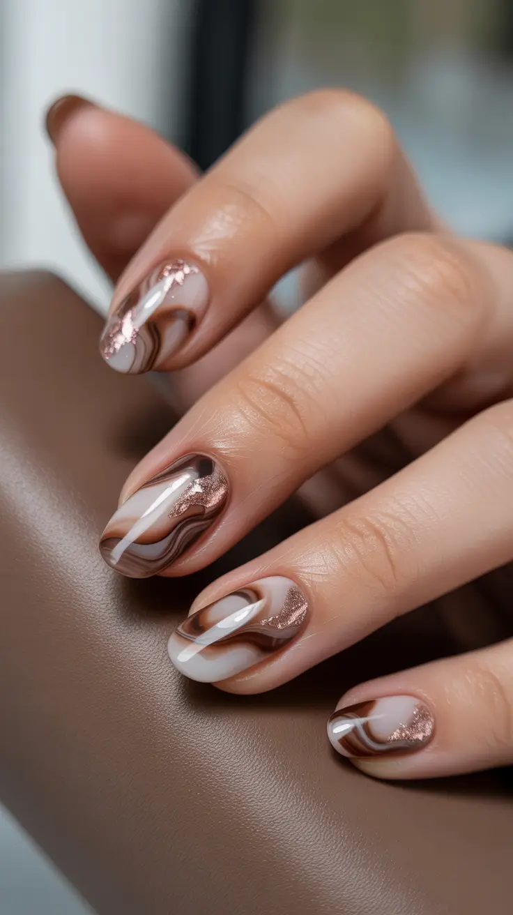 winter gel nails Mocha Marble Swirl