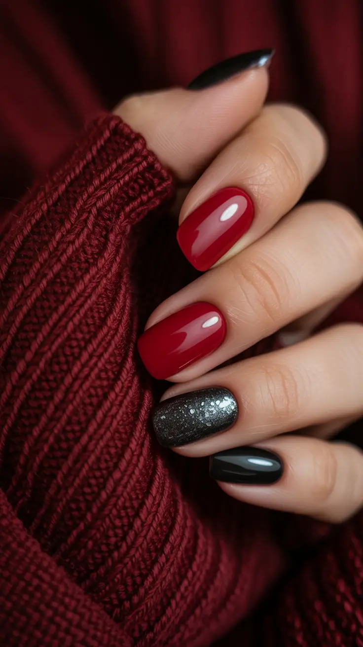 winter gel nails Crimson & Charcoal Contrast