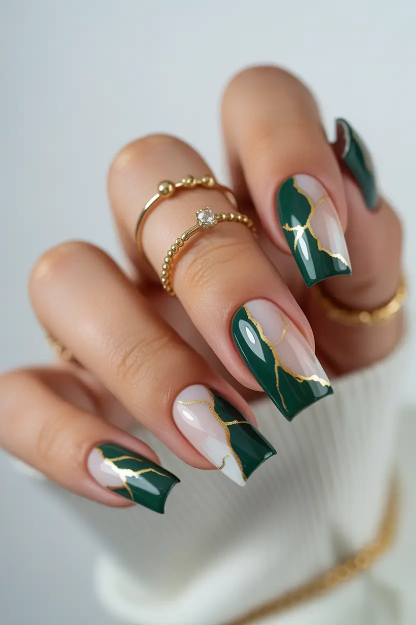 winter gel nails Emerald Gold Veins