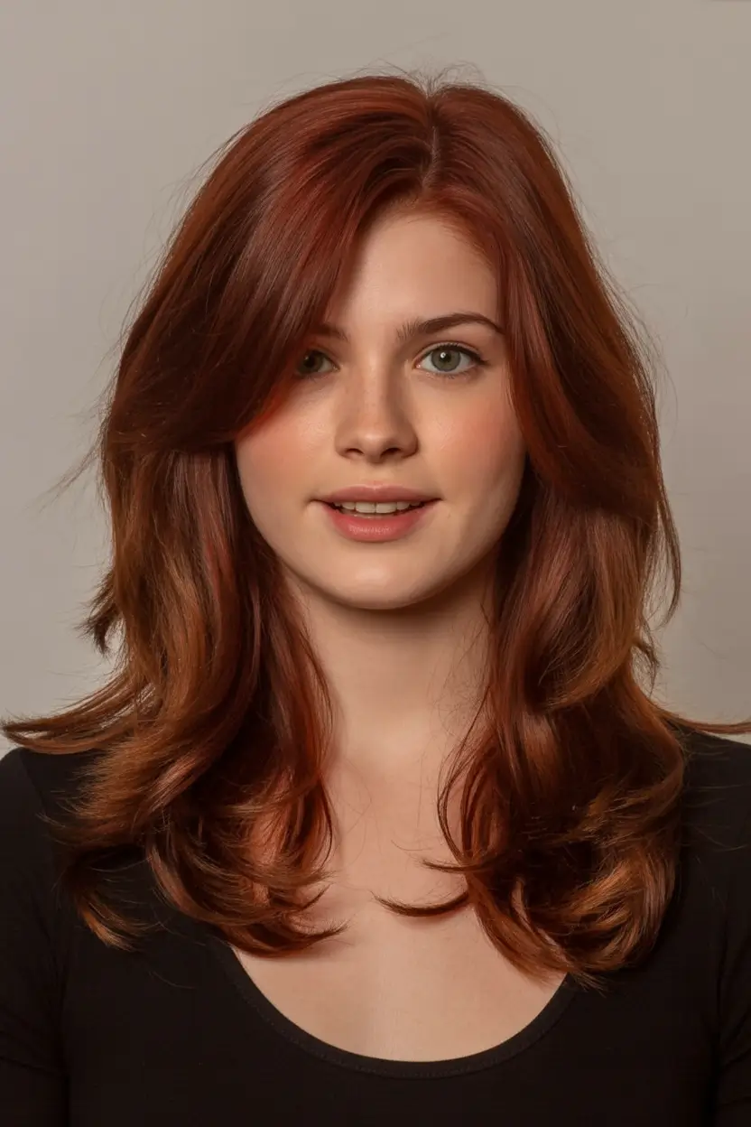 winter hair colors auburn Soft Auburn Feathered Layers