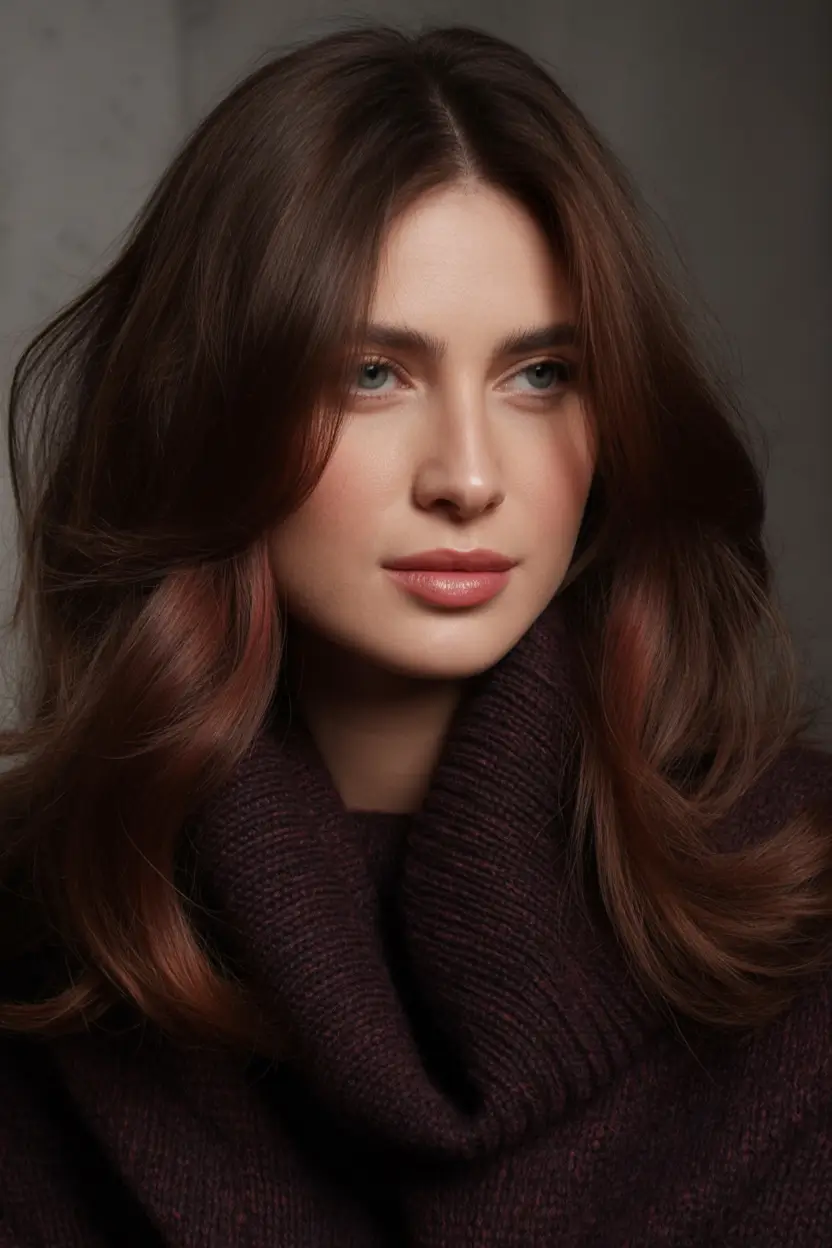 winter hair colors auburn Subtle Chestnut Auburn with Winter Warmth