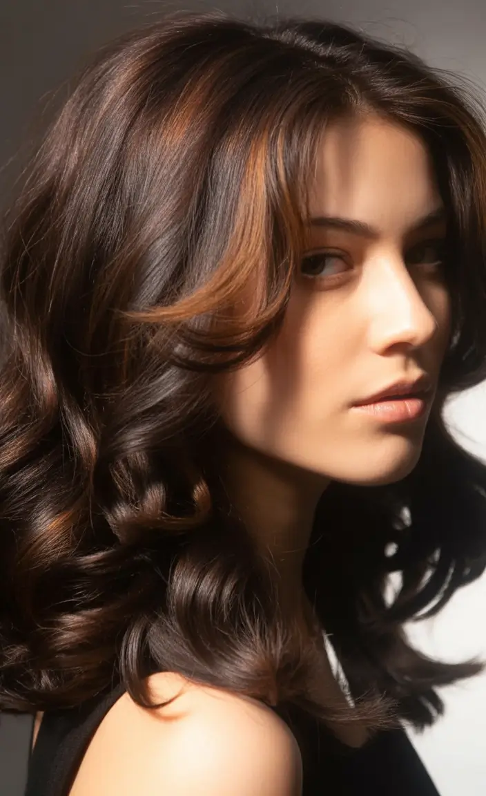 winter hair colors auburn Espresso Auburn with Caramel Highlights