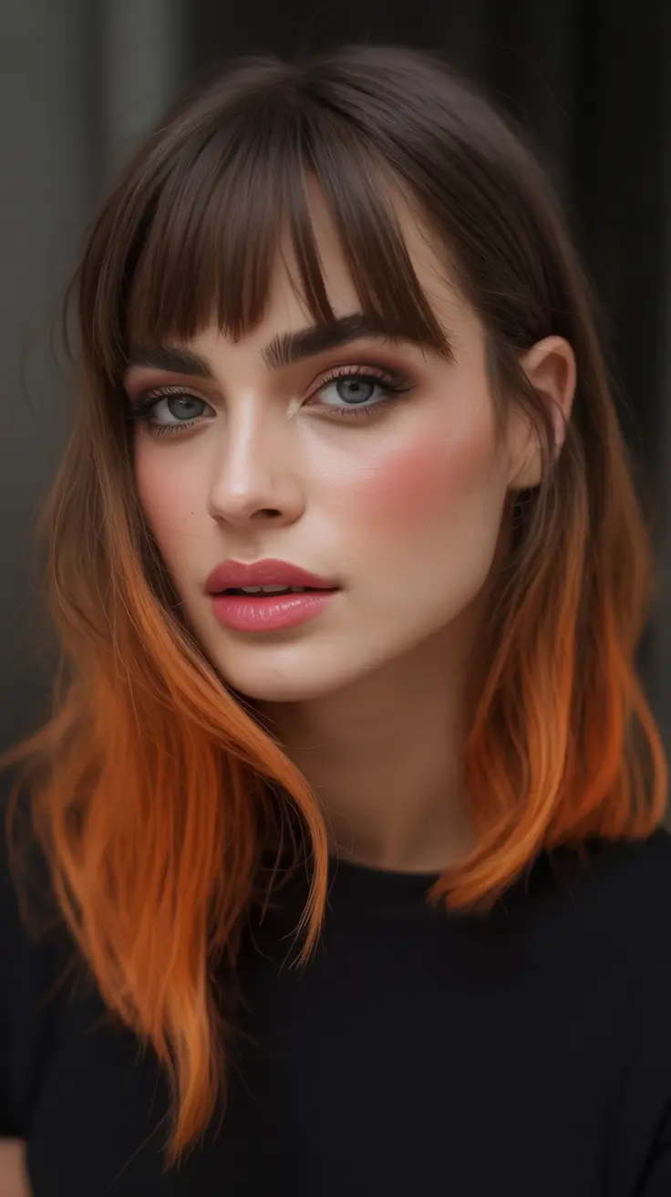 winter hair colors auburn Orange-Dipped Auburn with Fringe