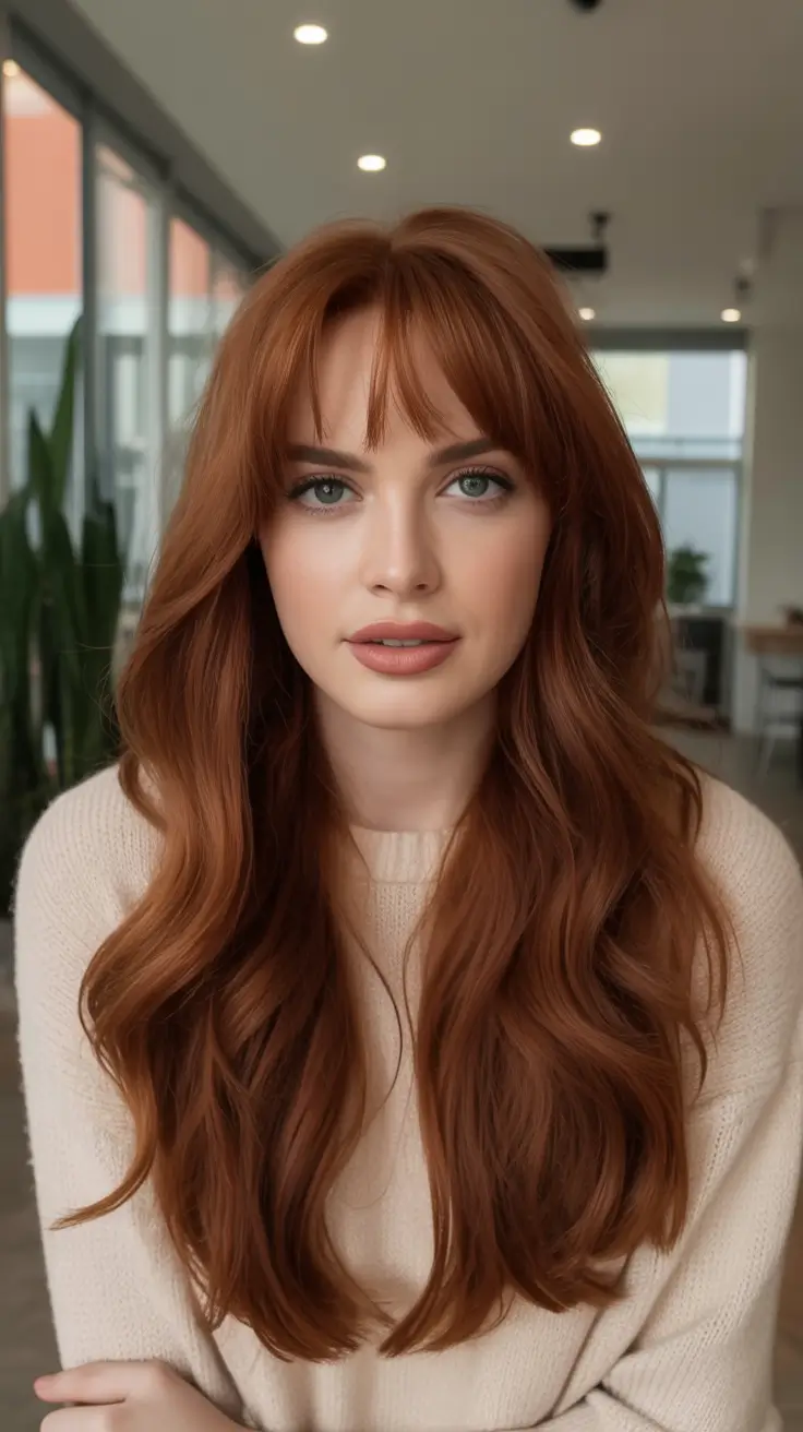 winter hair colors auburn Classic Auburn with Wispy Bangs