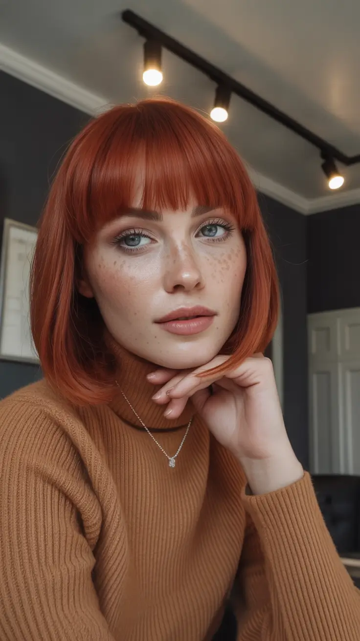 winter hair colors auburn Copper Bob with Blunt Bangs